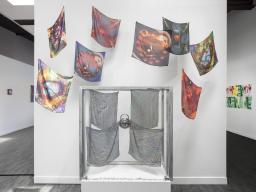 Jacquie Meng, 'headscarves for a gorgeous shadow, bent dream,' (2022). digital paintings printed on silk organza, steel frame, found object, glass, invisible thread. Photo: David Paterson