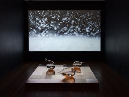 Anna May Kirk, Forecasting the touch of change, 2022   Blown glass, oxidising copper, storm glass chemical composition according to the 1859 instructions of Admiral Robert FitzRoy, video duration 5 minutes.    Photo credit Document Photography. 