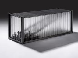 Jeremy Lepisto (NSW) - 2020 Finalist. 'The Extent' (From the Container Series), 2018 kilnformed and coldworked glass with fabricated and black oxide coated steel 280 x 254 x 762