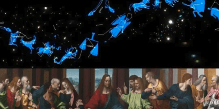 Image: An accurate early copy of The Last Supper by Giampietrino  (1495–1549), after Leonardo da Vinci  (1452–1519), the main source for the restoration of the original (1978-1998), set against the zodiac constellations that Leonardo used as his templates for each figure, made by Robert Tulip using astronomy software SkyGazer 4.5.