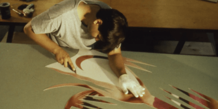 Image: Printer Paul Imboden cuts a lithographic element for James Rosenquist’s 'Time dust', Tyler Graphics, 1991. Photographer: Marabeth Cohen-Tyler. Kenneth Tyler Collection archives, National Gallery of Australia. Gift of Kenneth Tyler 2002.