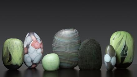 Clare Belfrage, In the Glow of Green Collection, 2023 blown glass with cane drawing, sandblasted and pumice polished, 1590 x 350 x 440 mm Photo: Pippy Mount