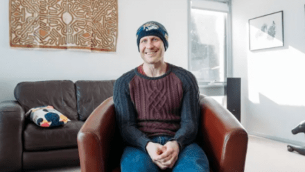 Michael Sollis being interviewed for “In His Words.” Photo: Liam Budge