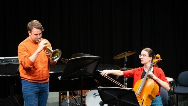 Image: Sam Hutchinson (flugalhorn) and Enola Jefferis (cello) at the Friends of the School of Music Ensemble Prize 2024. Photo by Yun Hu.
