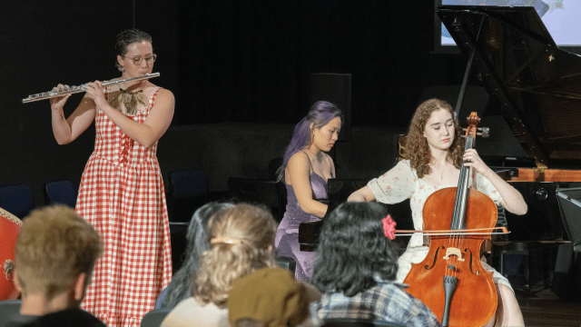 Image: Emily Thornton - flute, Isabelle Clarke-Randazzo - cello, Jojo Yuen - piano at Woven Melodies 2024. Photo by Yun Hu.