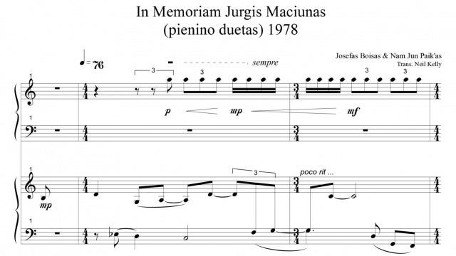Image: Slave Pianos, Score for ‘In Memoriam George Maciunas: Klavierduett,’ originally performed 1978 by Joseph Beuys and Nam June Paik, 1998, detail. From Slave Pianos: A Diagnosis 1998-2001, limited edition boxed set of audio recordings, documents, texts and music scores, 32 x 32 cm. Collection of Art Gallery of New South Wales, 19.2002.a-d.