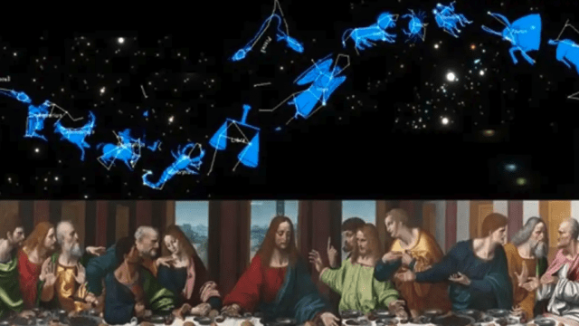 Image: An accurate early copy of The Last Supper by Giampietrino (1495–1549), after Leonardo da Vinci (1452–1519), the main source for the restoration of the original (1978-1998), set against the zodiac constellations that Leonardo used as his templates for each figure, made by Robert Tulip using astronomy software SkyGazer 4.5.