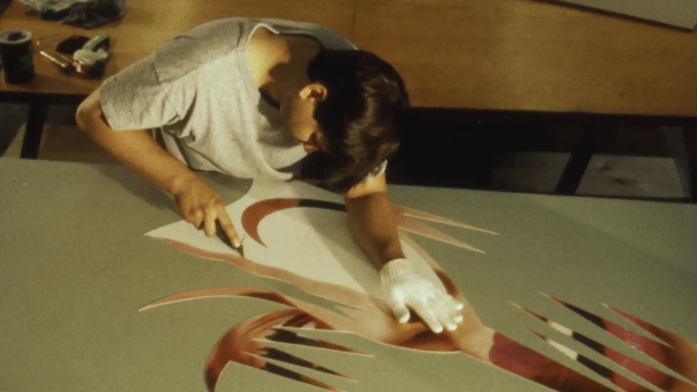 Image: Printer Paul Imboden cuts a lithographic element for James Rosenquist’s 'Time dust', Tyler Graphics, 1991. Photographer: Marabeth Cohen-Tyler. Kenneth Tyler Collection archives, National Gallery of Australia. Gift of Kenneth Tyler 2002.