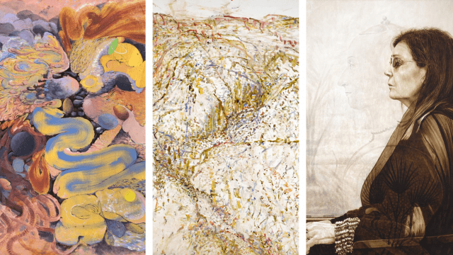 Images left to right: Dionisia Salas, 'with spent mouths' (detail) oil on canvas, 97 x 96.8 cm John R Walker, 'Vinbana-Yura-Mulka (Breakneck Gorge) I' (detail) oil on polyester, 260 x 197 cm Danie Mellor, 'A portrait of intimacy' (detail) acrylic on board with gesso and iridescent wash, 93 x 60 cm